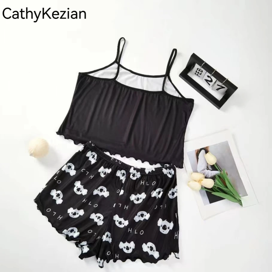 Women Pajamas Sleepwear Pajama Set Sports Camisole And Shorts S M L Black Cartoon Koala Print Ventilate Casual Soft Comfortable