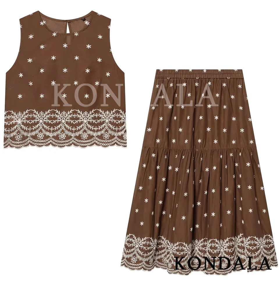 KONDALA Damen Trendiges Stickerei-Set Ausgeschnittenes Westentop Elastische Taille Gerader Rock Neue Mode 2026 Frühling Sommer Urlaubs-Set
