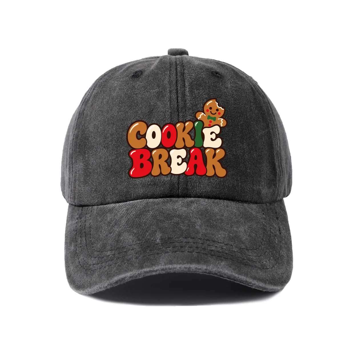 Cookie Break Gingerbread Graphic Vintage Washed Baseball Cap, Adjustable Unisex Dad Hat, Casual Gift
