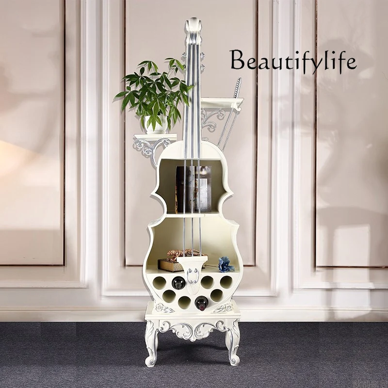 

European solid wood wine cabinet against the wall, living room entrance, decorative violin, dining side cabinet, light luxury