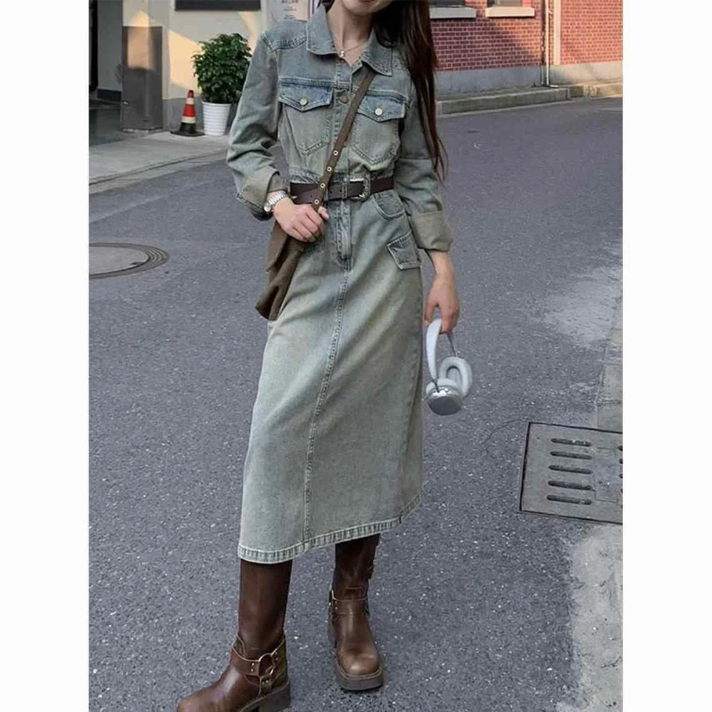

Dress, Vacation Style, Retro Denim Short Skirt, Women's New Style, Sweet and Spicy Girl, Lapel, Waist Cinched