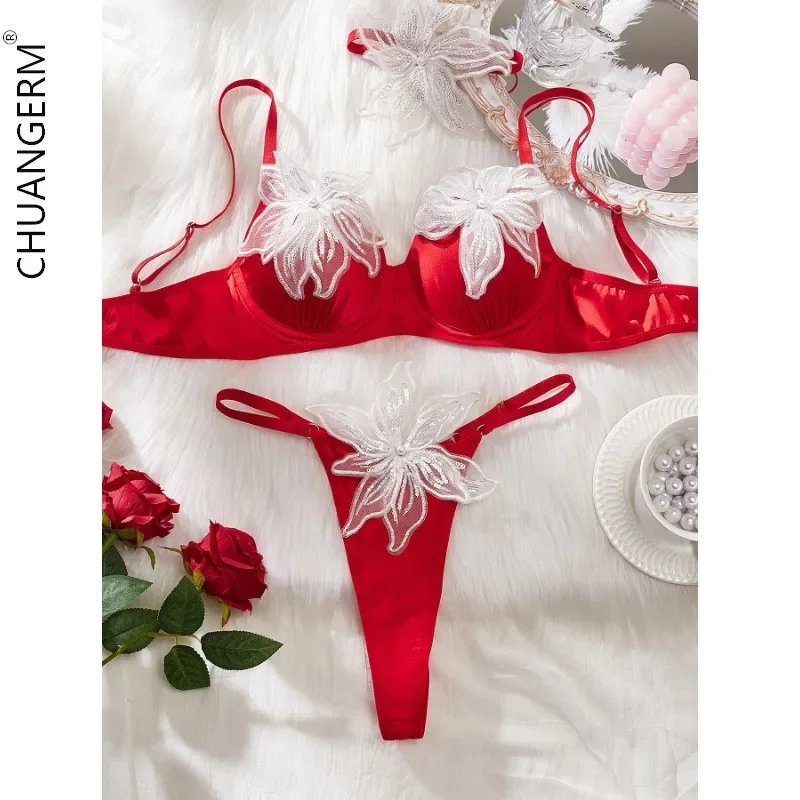 

CHUANGERM 3 Pieces Sexy Lingerie Appliques Padded Push Up Bra Panty Set Women Underwear Fancy Erotic Outfit Exotic Intimates Kit