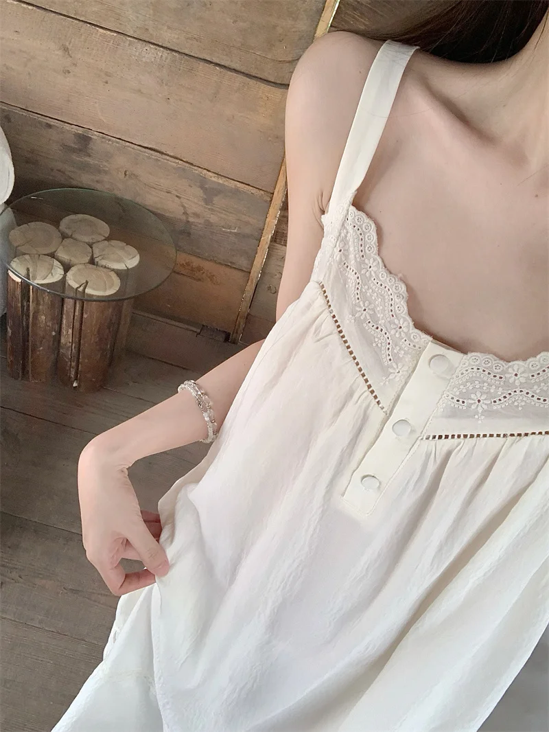 2025 New Pure Cotton Sweet Girl Suspender Nightdress French Simple Lace Pajamas Dress Breathable Skin-friendly Casual Loungewear