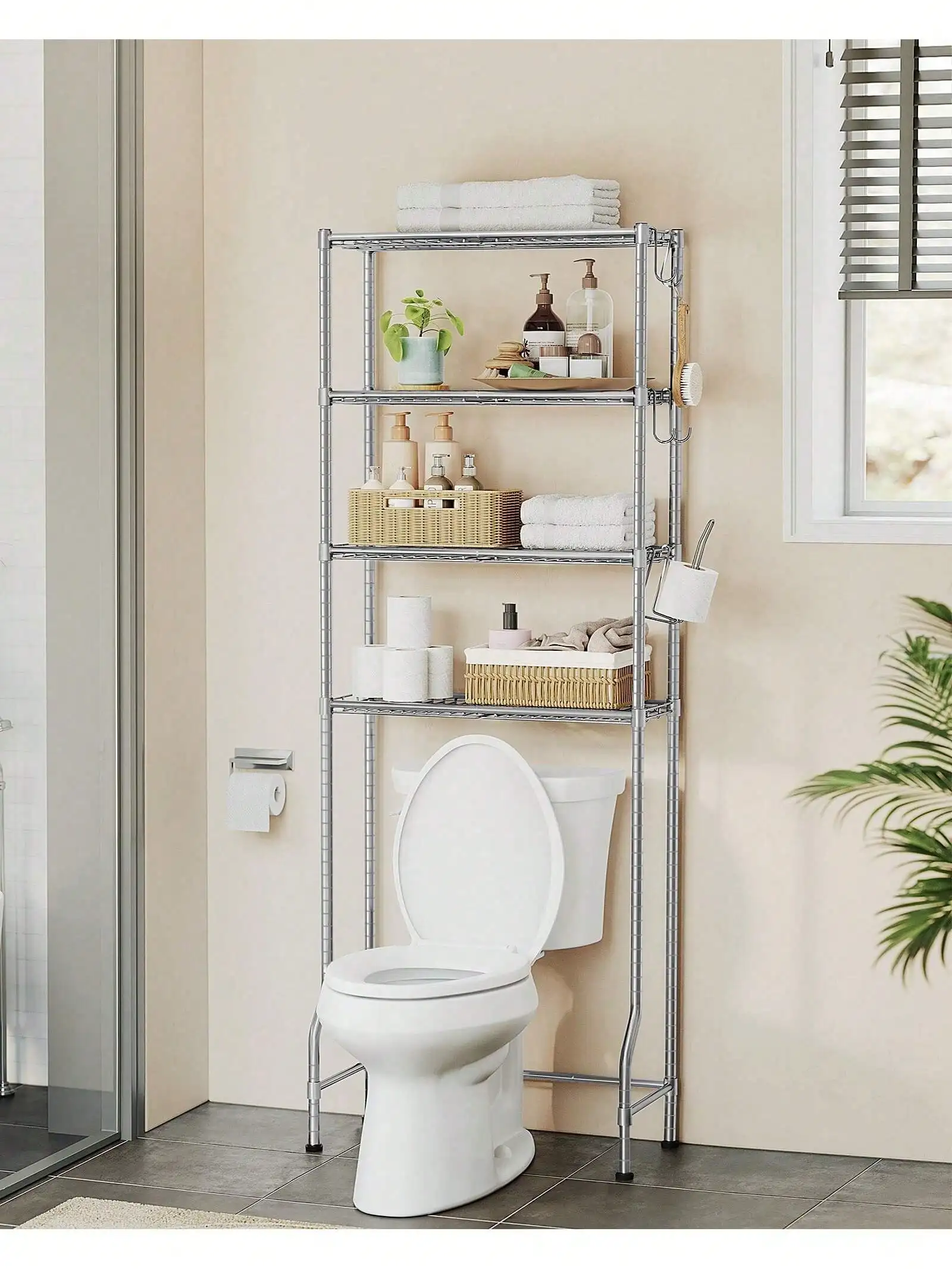 SONGMICS 4 Tier Over The Toilet Storage, Metal Storage Rack, Adjustable Shelves, 4 Hooks, Roll Holder, Space-Saving Bathroom