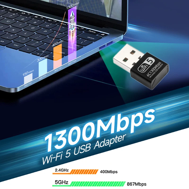 Transmissor Receptor WiFi Sem Fio, Adaptador USB WiFi, Cartão Lan, Driver Grátis, Placa de Rede Sem Fio, Plug and Play, Dongle WiFi, 1300Mbps