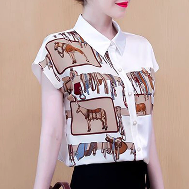 Mode revers bouton ample imprimé chemise asymétrique vêtements pour femmes 2025 été nouveaux hauts décontractés en mousseline de soie bureau dame Blouse