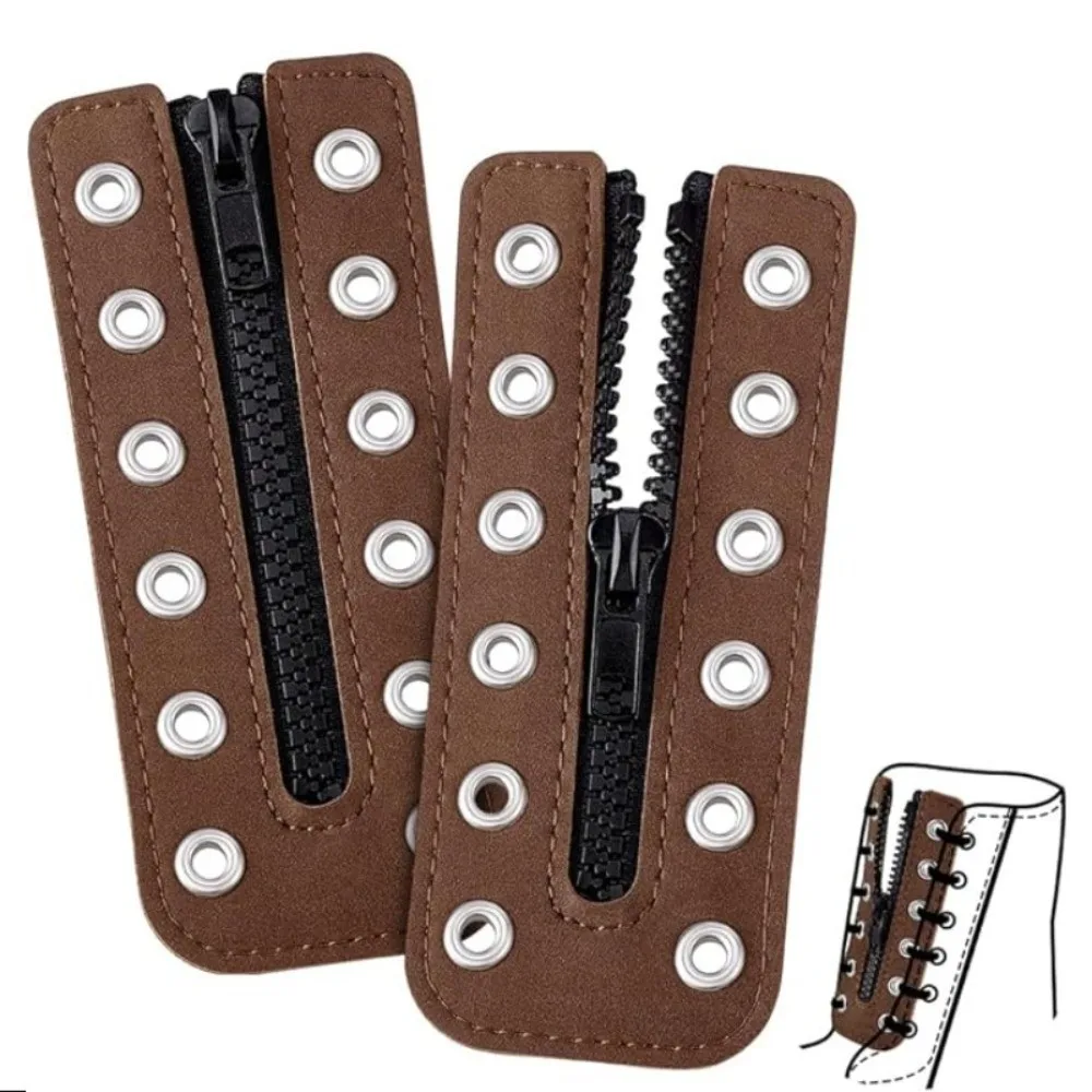 1 Pair 6 Holes Leather Lace-in Boot Zipper Inserts Adjustable Metal Eyelets Zipper Boot Laces Waterproof Shoe Accessory