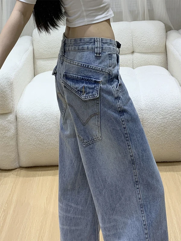 Retro Amerikanische Ausgewaschene Jeans für Damen mit Niedriger Taille, Weitem Bein und Geradem Schnitt, Herbst-Neuheit der Marke Sle PmORh