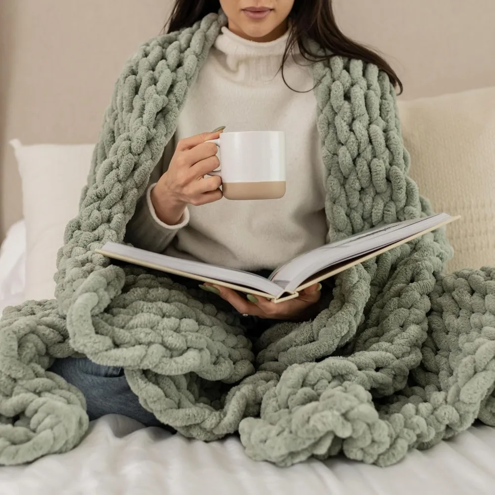 

Sage Green Chunky Knit Blanket Throw 50x60 Chenille Yarn Knitted Blanket for Couch Bed Sofa Boho Home Decor