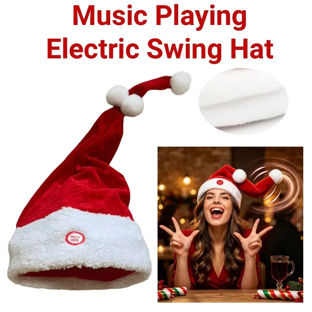 Fluffy Electric Christmas Hat Motorized Motion Plush Brim Automatic Swinging Santa Headwear Wiggling Tip Polyester