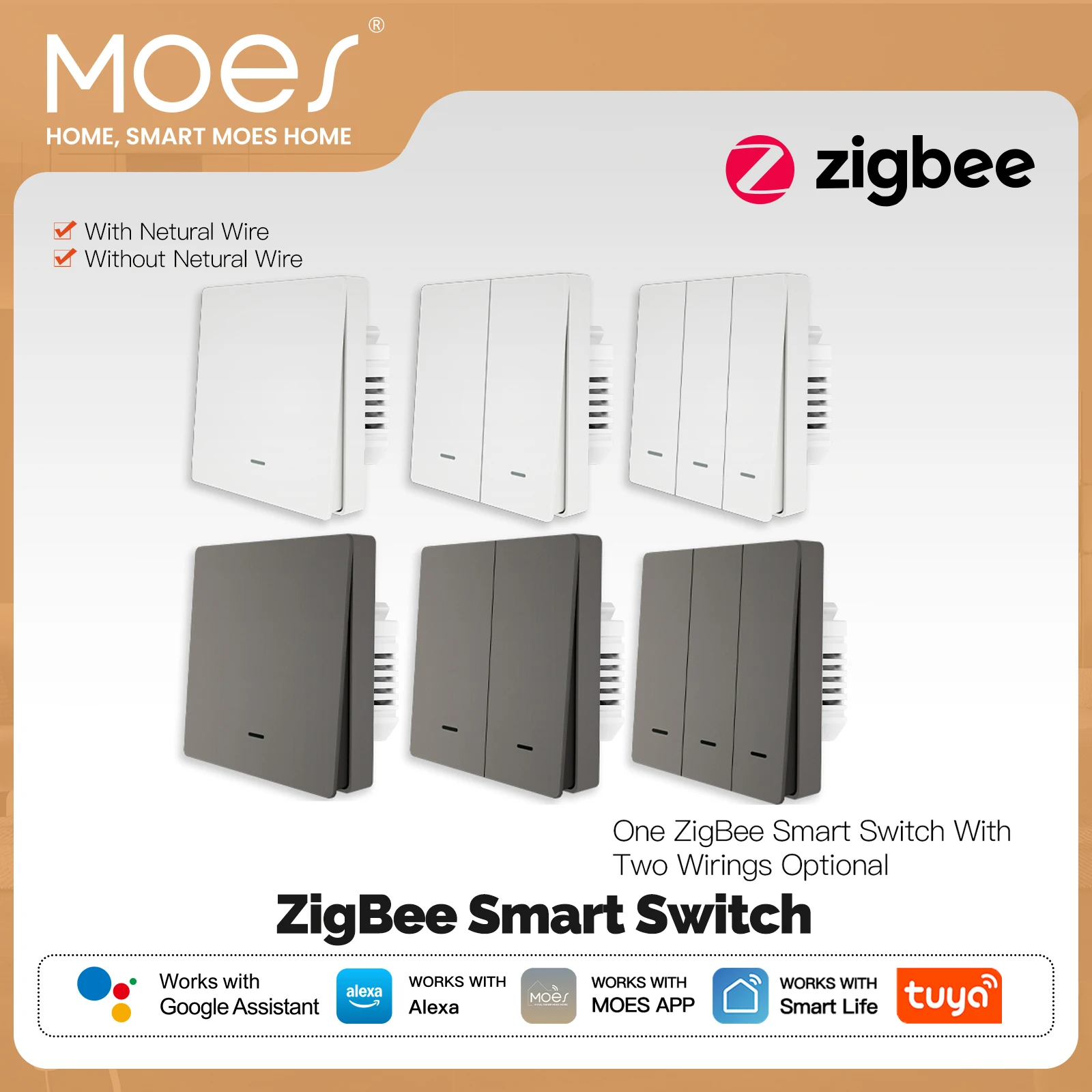 

MOES Tuya ZigBee Умный выключатель света Нейтральный не требуется Конденсатор Smart Life 2/3 Way Alexa Google Home
