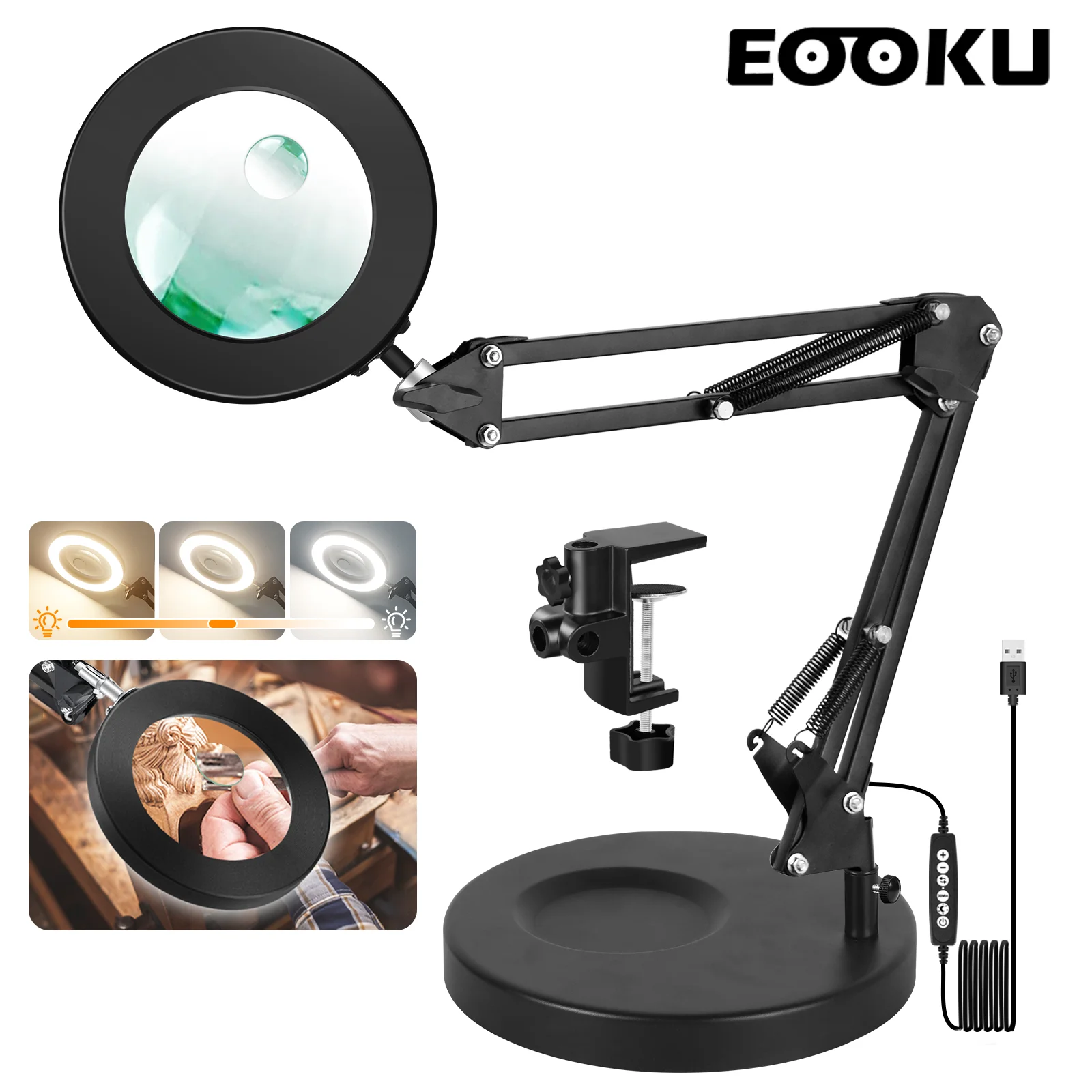 

EOOKU Magnifying Glass with Light and Stand 5X/10X Magnifying Lamp Craft Light Lamp with 3 Color Modes for Close Work Reading