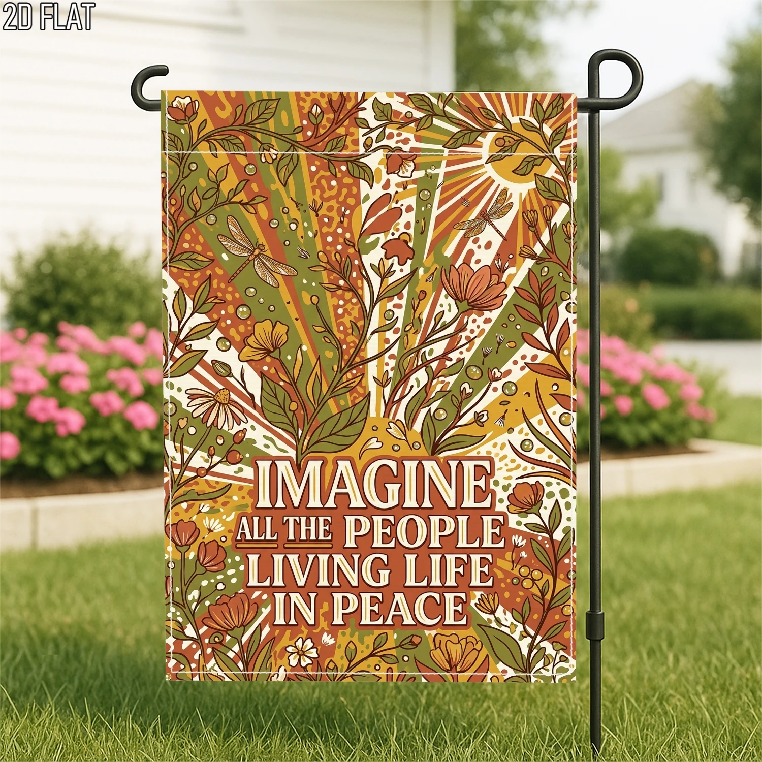 1pc Boho Floral Garden Flag Imagine All The People Living Life In Peace Retro Sunshine Yard Decor