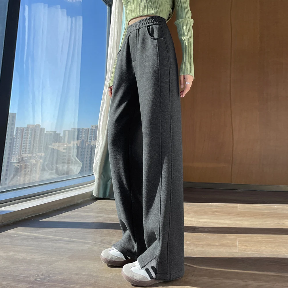 

Grey High-Waisted Wide-Leg Pants plus Size Loose Casual Straight Leg Banana Pants for Women Autumn Winter Fashion
