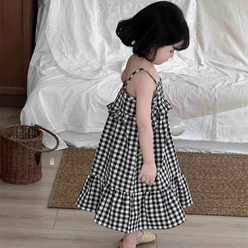 

2025Spring New Girls' Large Plaid Ruffle Strap Dress Children's Korean Style Sleeveless Dress