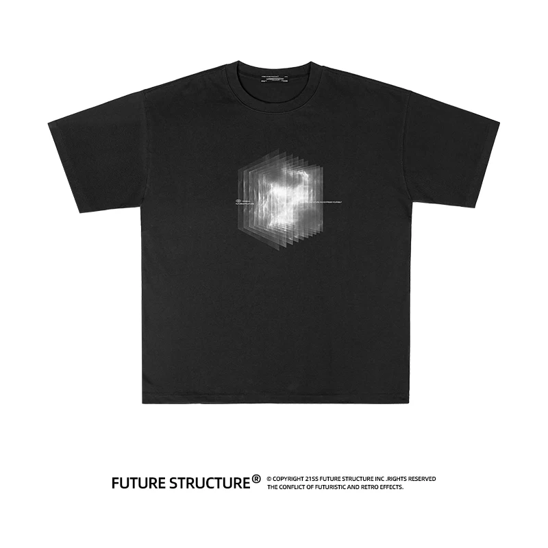 

"Trapped Ghost" American retro distressed short-sleeved casual loose men's T-shirt with a small neckline