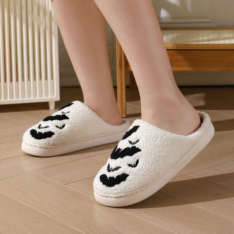 Halloween Bat Pattern Embroidered Plush Home Thick-Soled Comfortable Woolen Cotton Slippers  Warm Non-Slip Indoor Slippers view 3