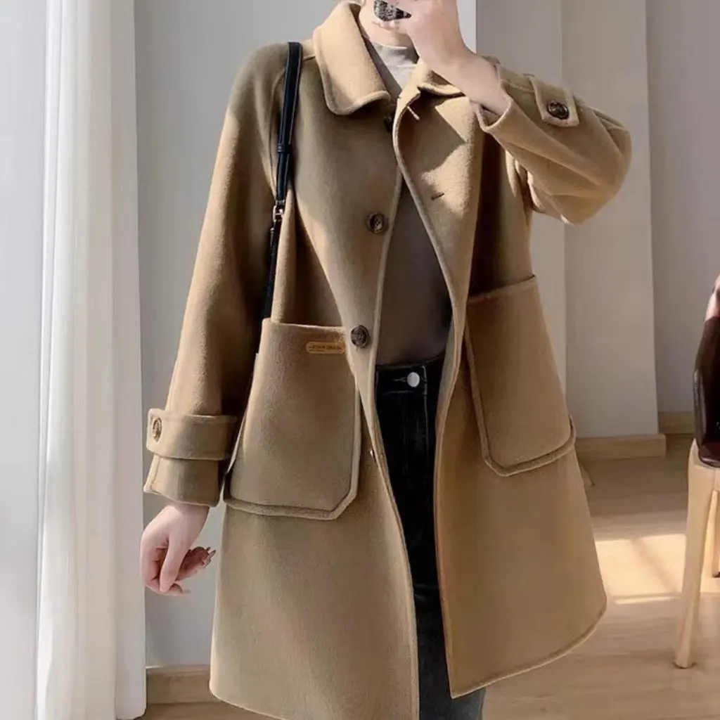 

Women's Double-Sided Wool Coat Single-Breasted Loose Long Coat with Large Pockets Age-Reducing Outerwear