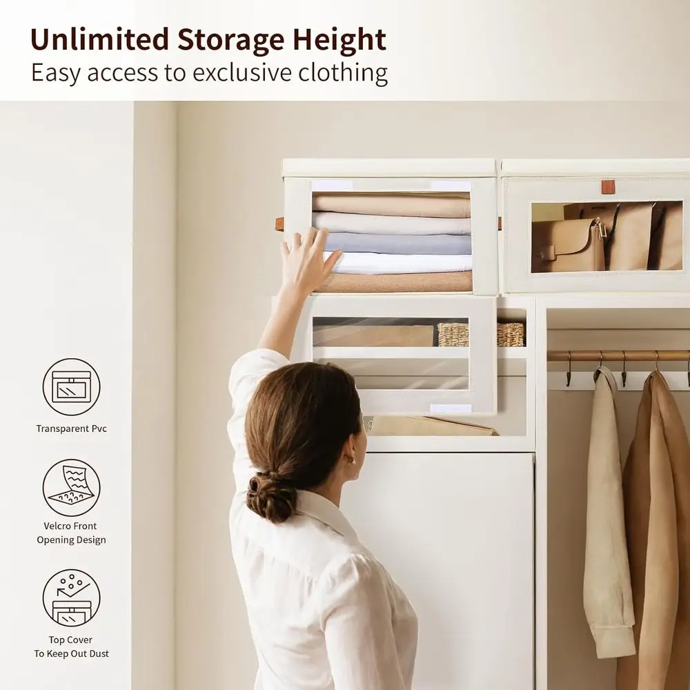 عبوتان من صناديق تخزين القماش القابلة للطي مع أغطية ونافذة، بيج، للملابس والتنظيم المنزلي