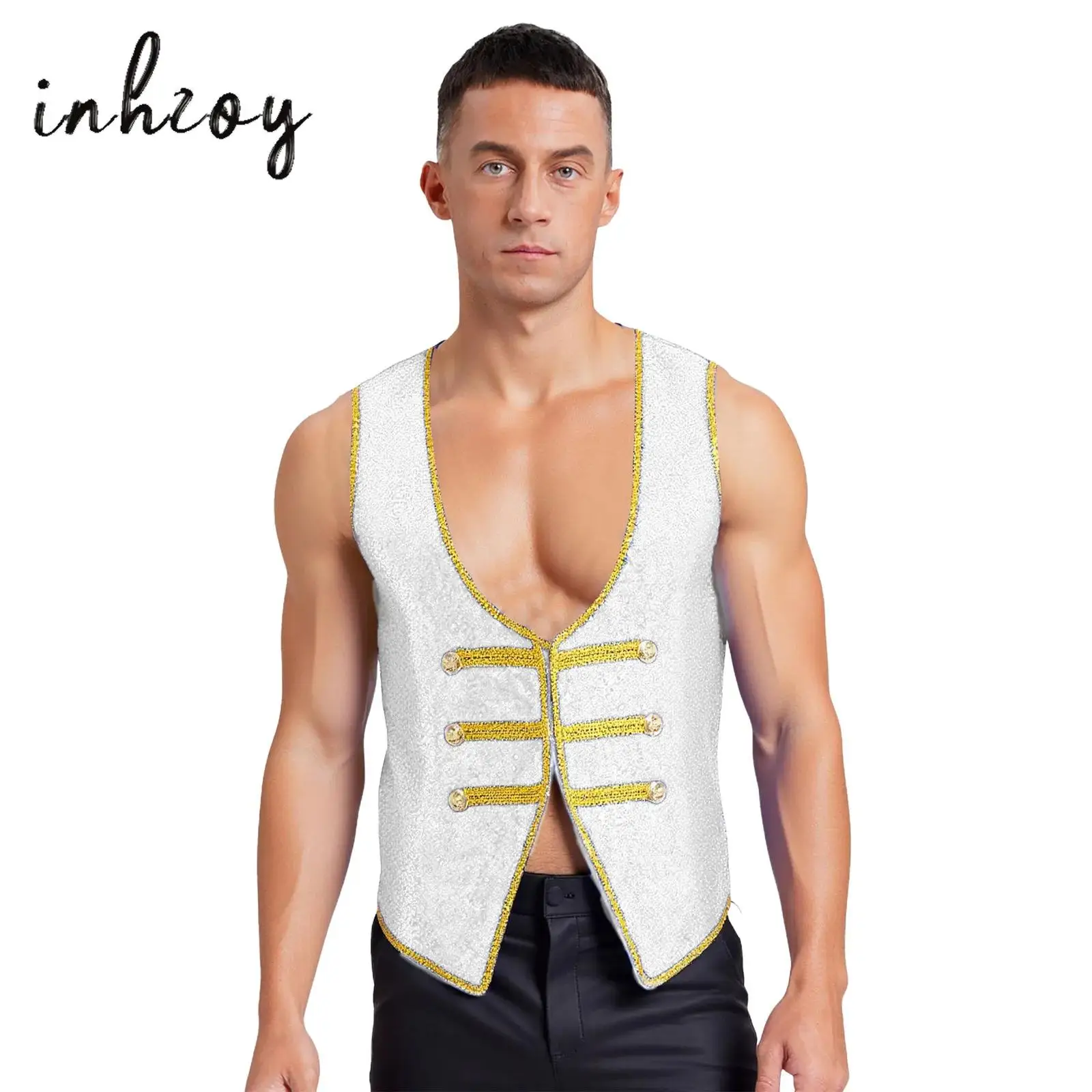

Mens Shiny Sequins Ringmaster Tailcoat Vest Asymmetrical Hem Gold Trim Sleeveless Jacket for Halloween Theme Party Role-Playing
