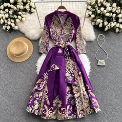 Pinkou Women Elegant Print Maxi Dress Cross V Neck Bow Tie Sashes Three Quarter Sleeve Female Chic Wrap Dresses Vestido QA815