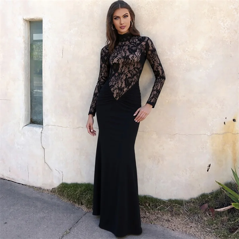 

Black Lace Prom Dress Sexy Sheer Full Sleeves High Neck Formal Wedding Guest Robes Long Sheath Beach Holiday Party Bridal Gown