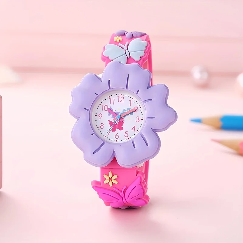 Cute Girls 3D Flowers and Butterflies Cartoon Watch - Soft PVC, Skin-friendly Silicone Strap, Quartz Movement, Not Waterproof