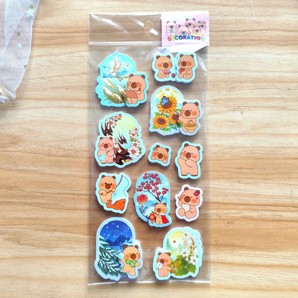 4ピースのかわいい漫画風カピバラフォーム多層3Dステッカー - 子供、ノート、ペンケース用のかわいい手作りデコレーションステッカー