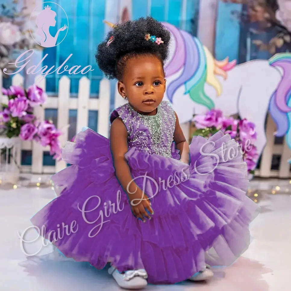 Customized Blue Flower Girl Dress For Wedding Layered Lace Tulle Sequins Pearls Cute Birthday Party First Communion Pageant Gown