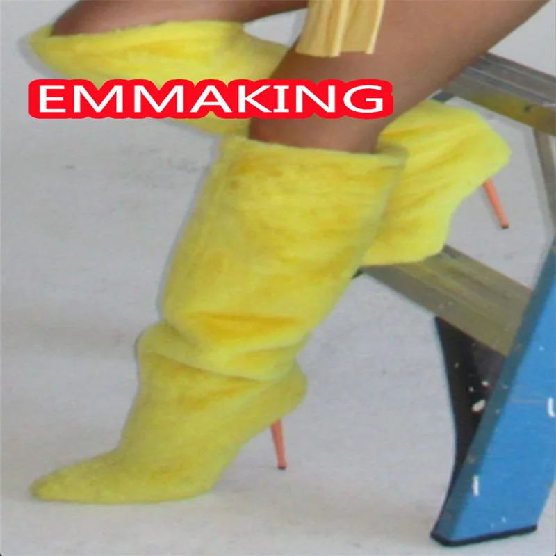 

Желтые меховые сапоги до колена на шпильке с острым носком, женская модная подиумная зимняя римская обувь на молнии сзади, женская обувь на высоком каблуке, размер 44