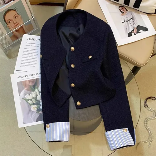 Otoño Invierno señoras traje de manga larga chaqueta francesa mujeres cuello redondo Tops mujer moda ocio empalme chaqueta abrigo