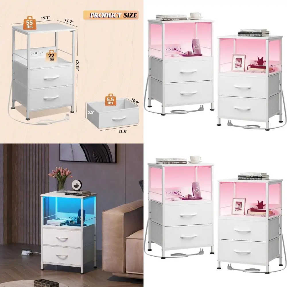 

LED Nightstand Set with USB & Outlets, 2 Drawers, Storage Shelf, Charging Station for Small Bedroom Spaces