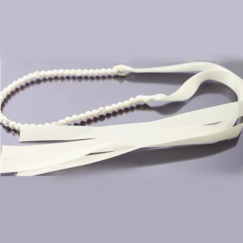 White Ribbon Bridal Headband Tiara Imitated Pearl Hair Bands Elegant Trendy Crystal Head Pieces For Women Hair Accessories
