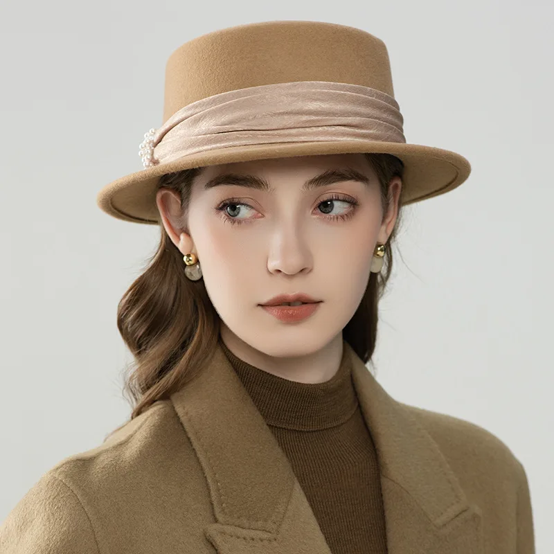

Women Top Hat Wool Felt Flat Brim Fedora Satin Ribbon Autumn Winter Warm Accessory For Outdoor