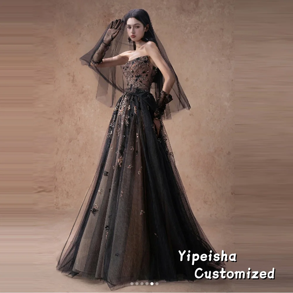 Vestidos de Noche negros de lujo, Apliques de encaje de cristal para mujer, fiesta de boda, vestido de graduación árabe personalizado