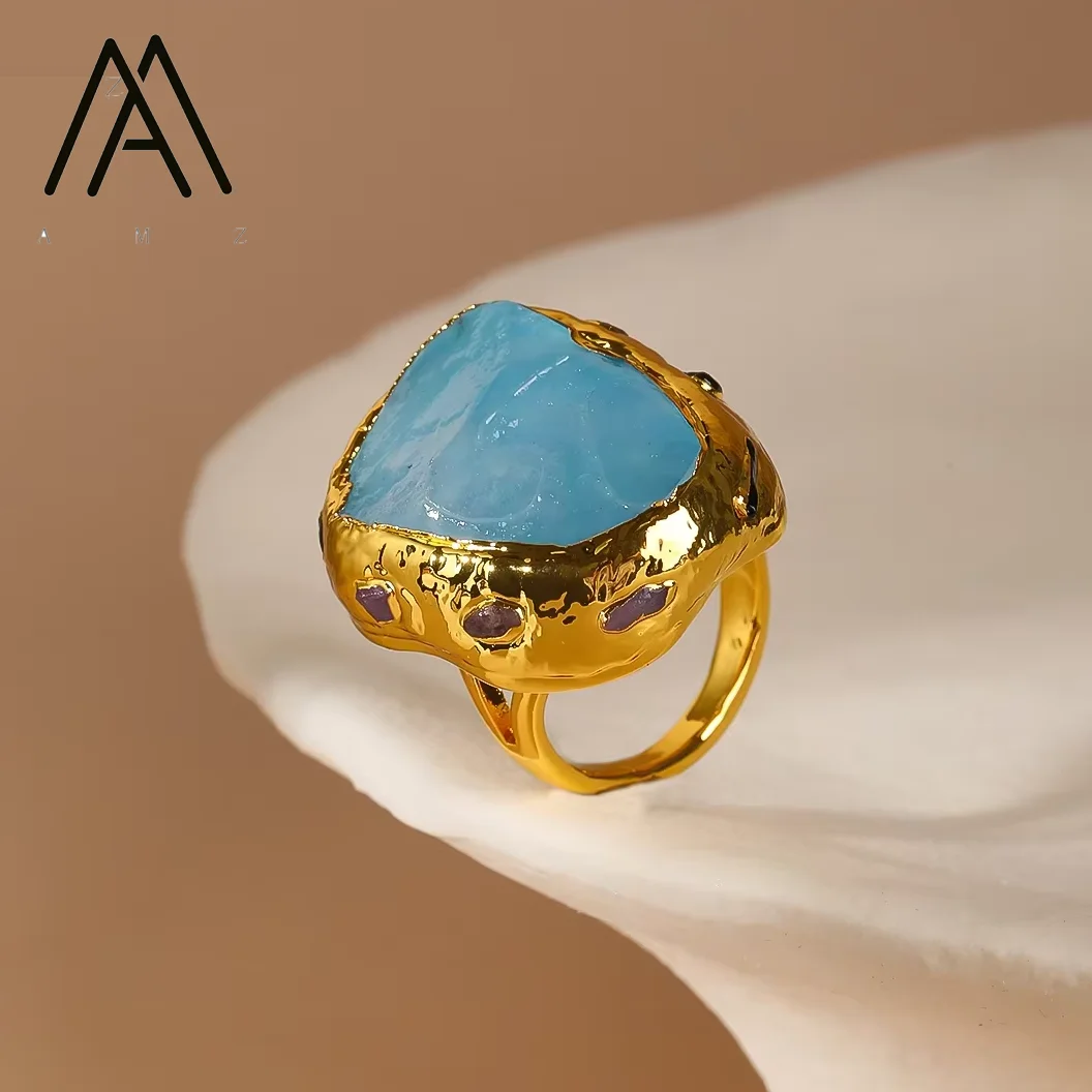 

Natural Aquamarine Ring 24K Gold-Plated Adjustable Rings Irregular Gemstone Setting Jewelry Women's Fashionable Daily Party Wear