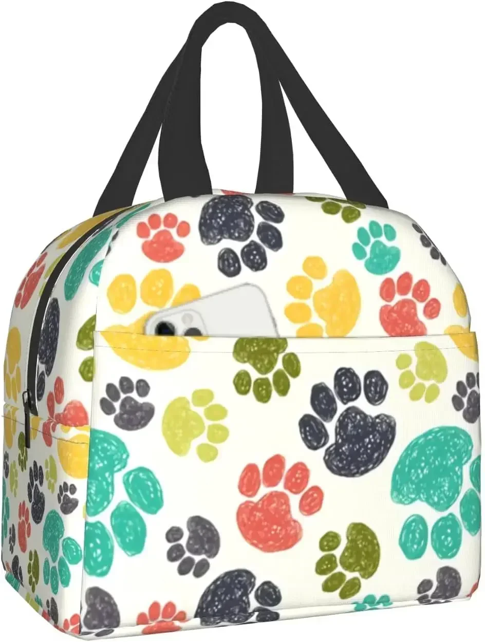 Cute Dog Paws Insulated Lunch Bag Colorful Hand Drawn Doodle Paw Prints Lunch Box Dog Lovers Cooler Thermal Reusable Tote