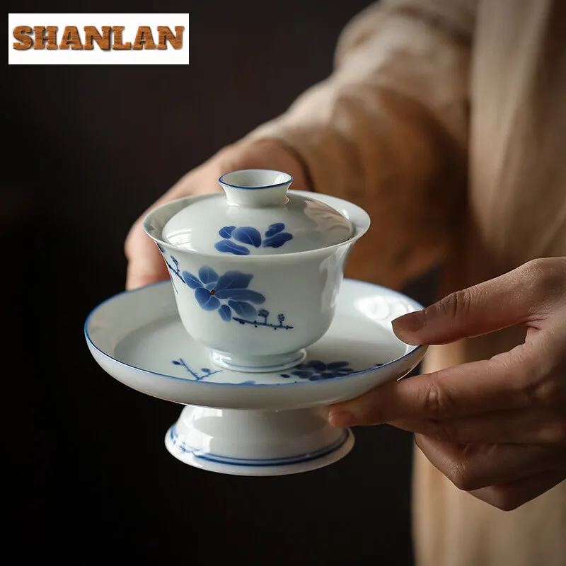 110ml Hand-painted Blue Magnolia Cover Bowl Household Small Size Gaiwan Zen Tea Tureen Chinese Tea Making Cafes Collection Gifts