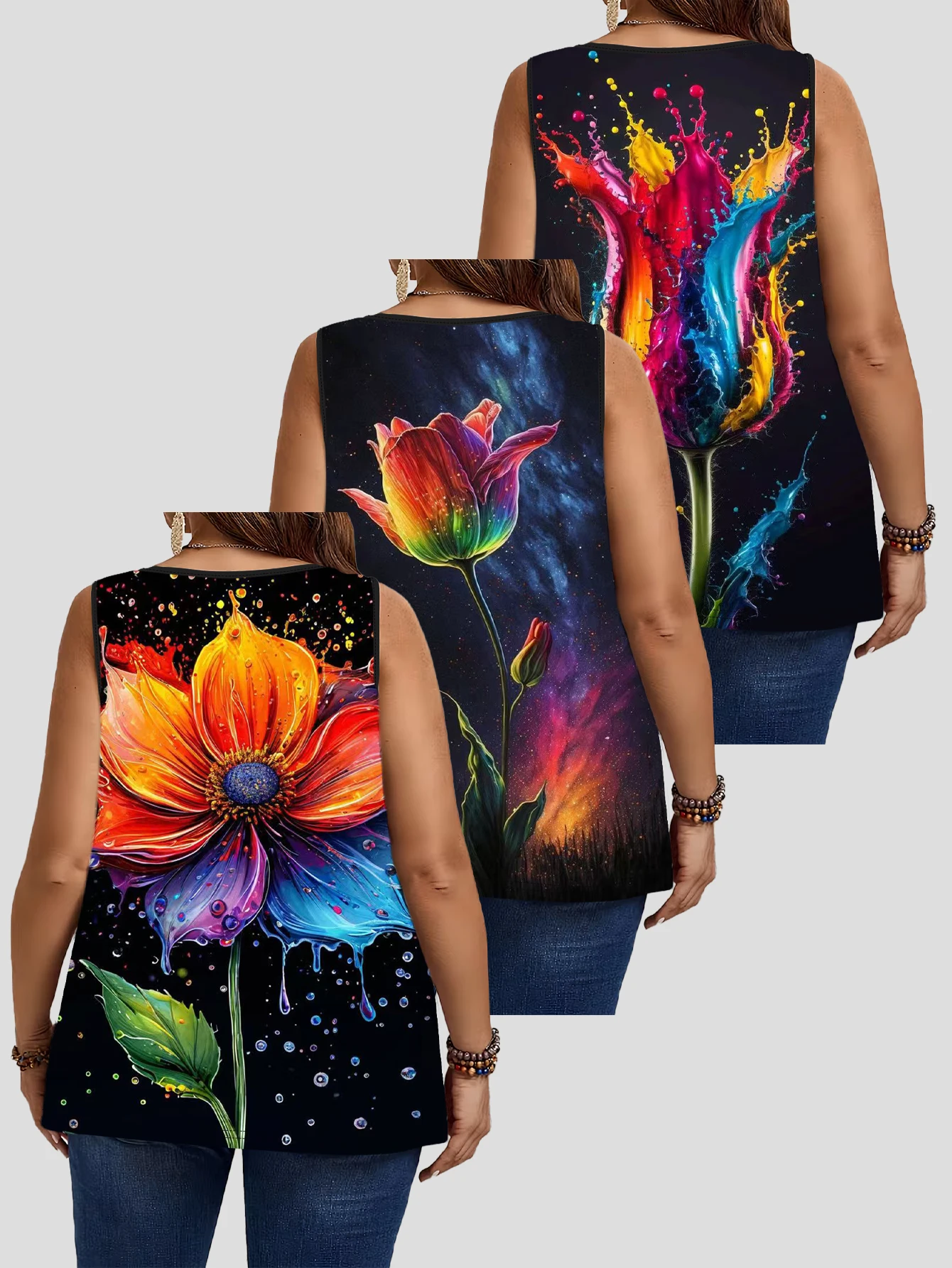 3-Piece Set of Plus-Size Sleeveless Vests｜Splash-Ink Rainbow Tulip Floral Print Loose-Fitting, Figure-Flattering Round-Neck Casual Outerwear Top