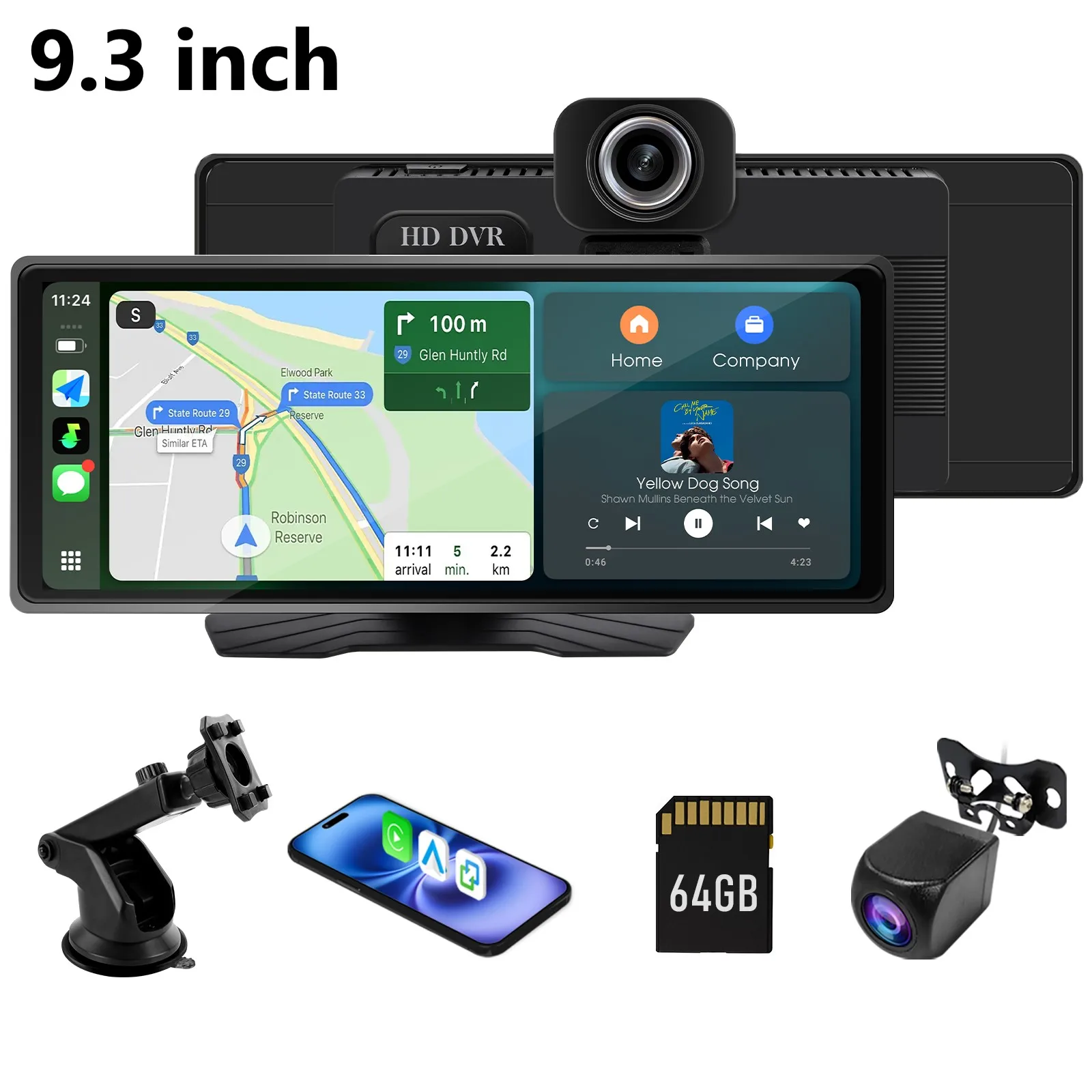 راديو سيارة محمول 9.3 بوصة مع كاميرا داش كام لاسلكية Carplay أندرويد مشغل وسائط متعددة أوتوماتيكي BT AUX TF FM ستيريو سيارة عالمي