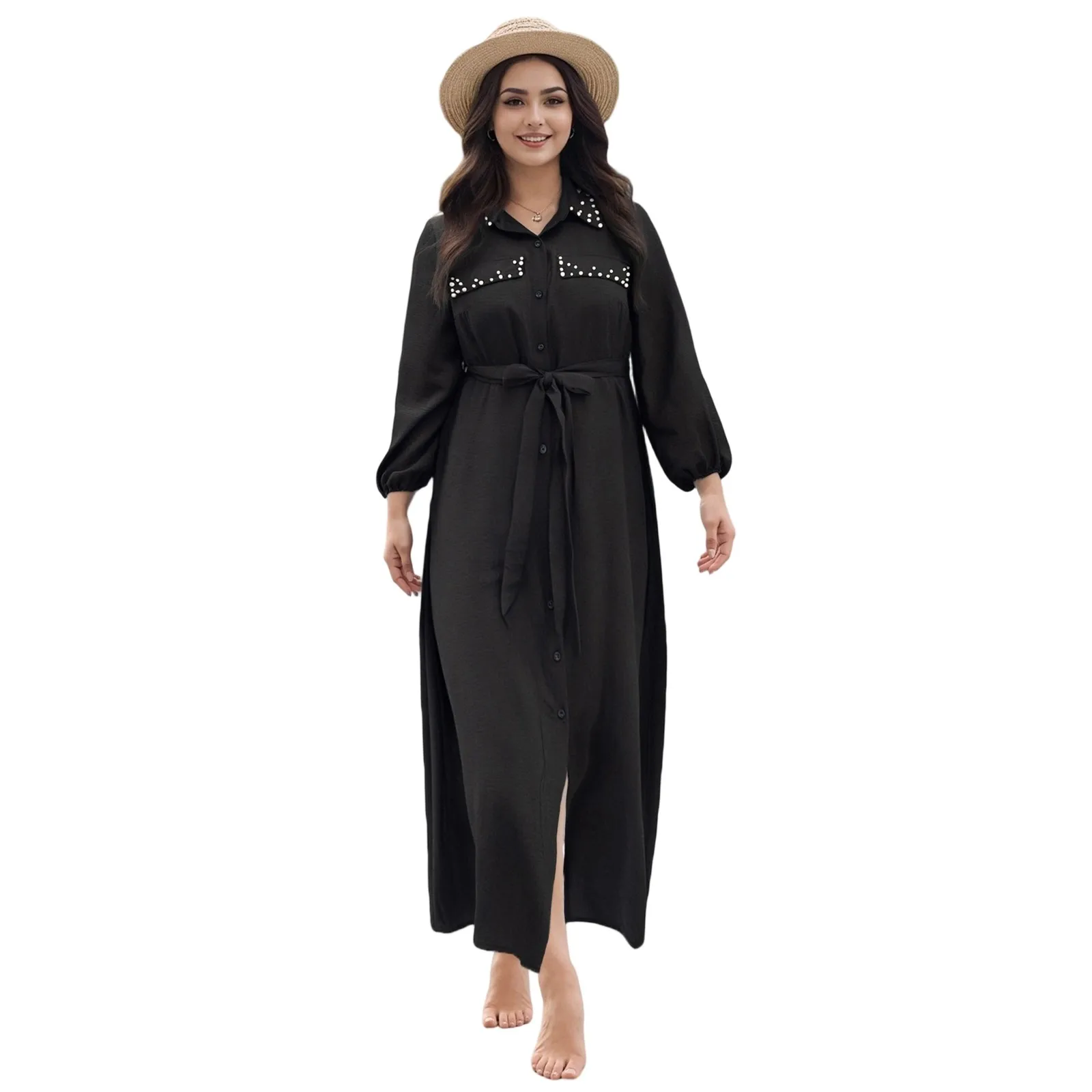 

Женское платье больших размеров, повседневное платье с жемчугом на пуговицах и длинными рукавами с поясом для коктейльного отдыха, клубной уличной одежды