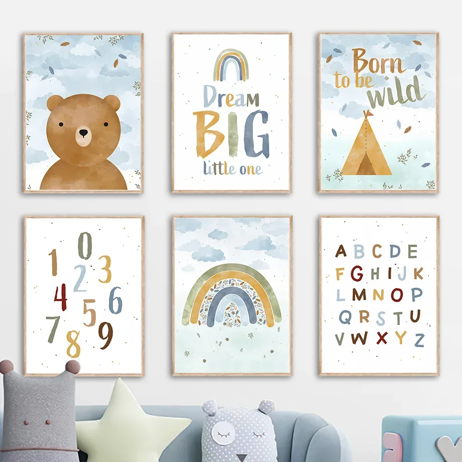 Unframe Bear Tent Rainbow Cloud Alphabet Number Big Dream Wall Art Canvas Painting Posters Decoration Wall Picture For Living Ro