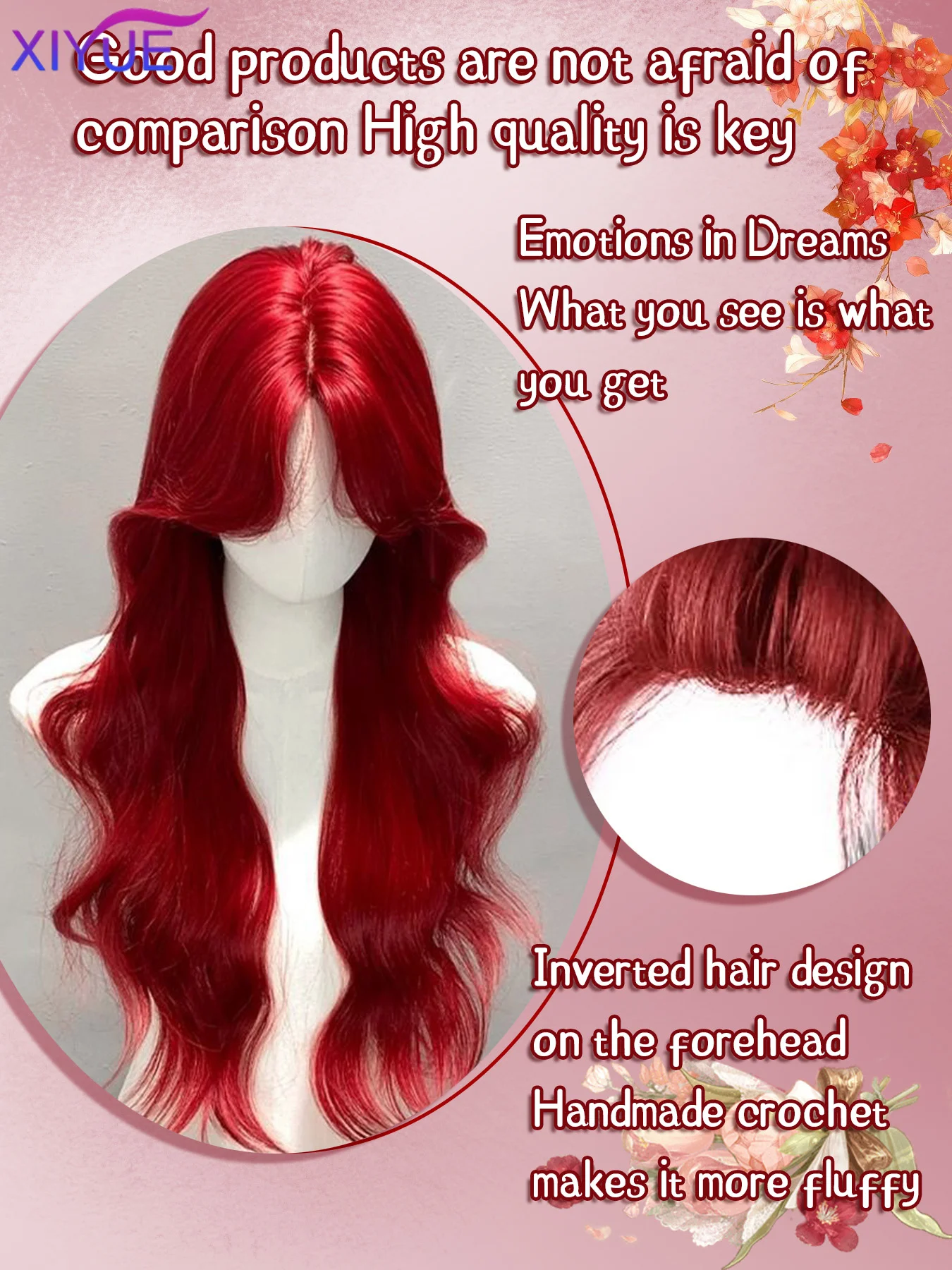 XIYUE Red Synthetic Wig for Women Long Curly Wavy Cute Wigs Middle Part Hair Wigs Halloween Cosplay Daily Party Wigs 26 inch