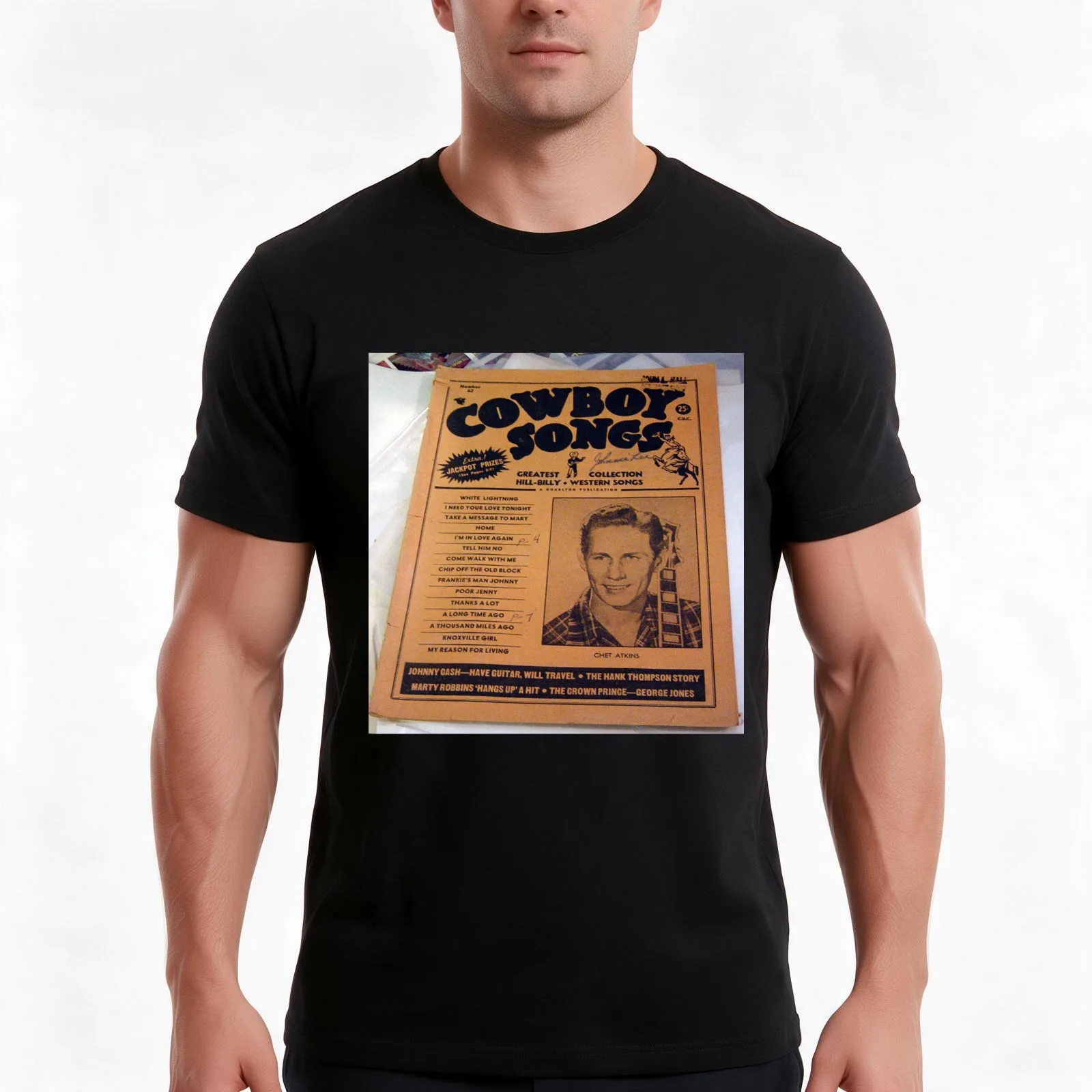 Chet Atkins & Guitar, 1950's Magazine Cover! T-Shirt, Summer Casual Cotton Tee, Oversized Streetwear Tops, Vintage Graphic Print