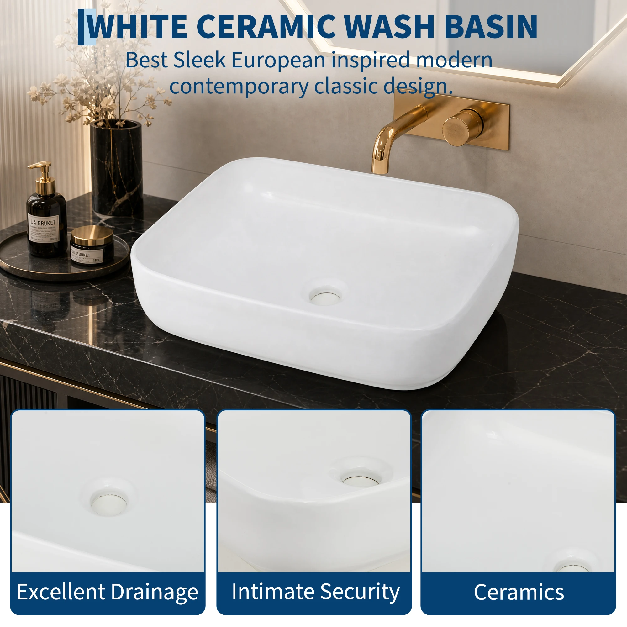 Bathroom Vessel Sink, 19.69'' x 15.75'' x 5.31'' Semi Recessed Bathroom Sink Rectangular White Ceramic Sinks for Bathroom Modern Bath Sink Bowl Vanity Sinks Above Counter Basin view 3