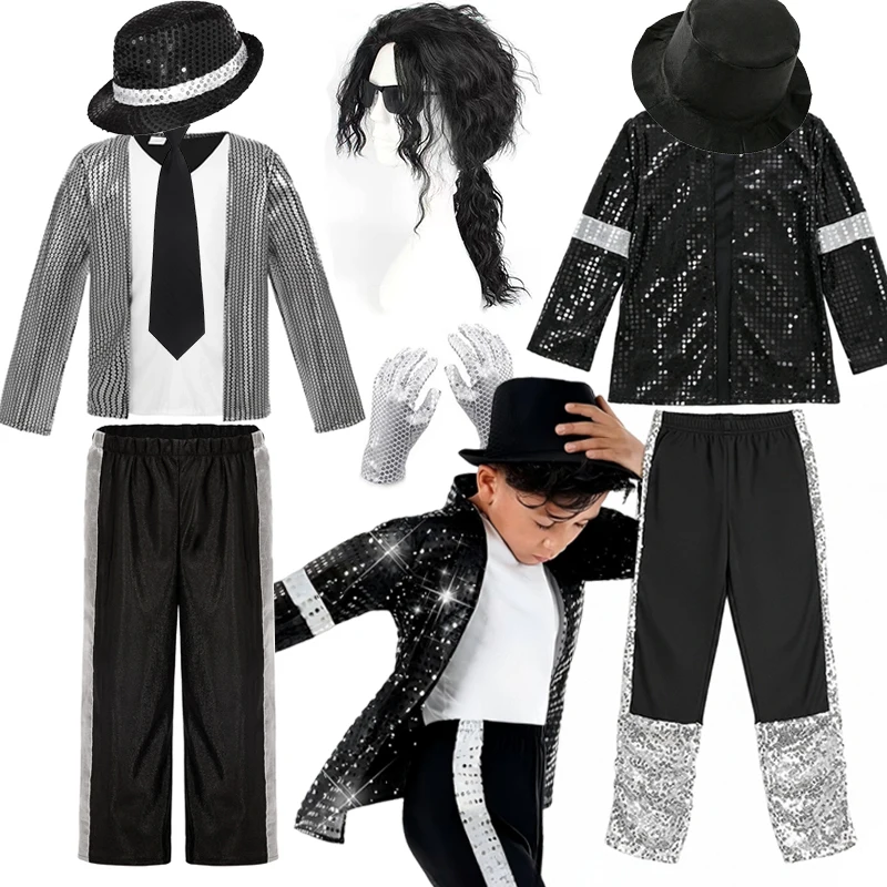Fantasia de Superestrela Pop Rock dos Anos 70 e 80 para Meninos, Conjunto de Roupas Retro Jackson Moonwalk para Cosplay, Performance de Palco e Dança
