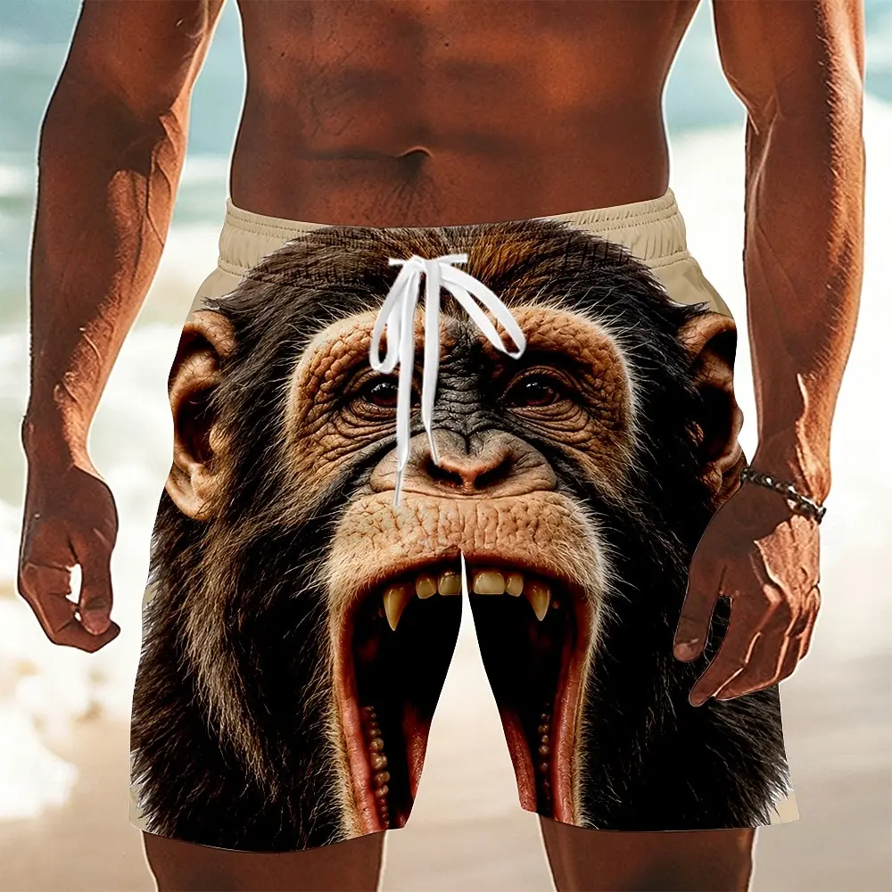 Men's Spring Summer 3D Printed Drawstring Shorts, Khaki Base Big Mouth Chimpanzee Realistic Animal Trend Print Casual Bottoms