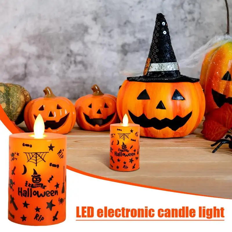 

Halloween Tea Light Candles Flickering Flame LED Electronic Candle-shape Light Graffiti Pattern Flameless Light Battery Operated