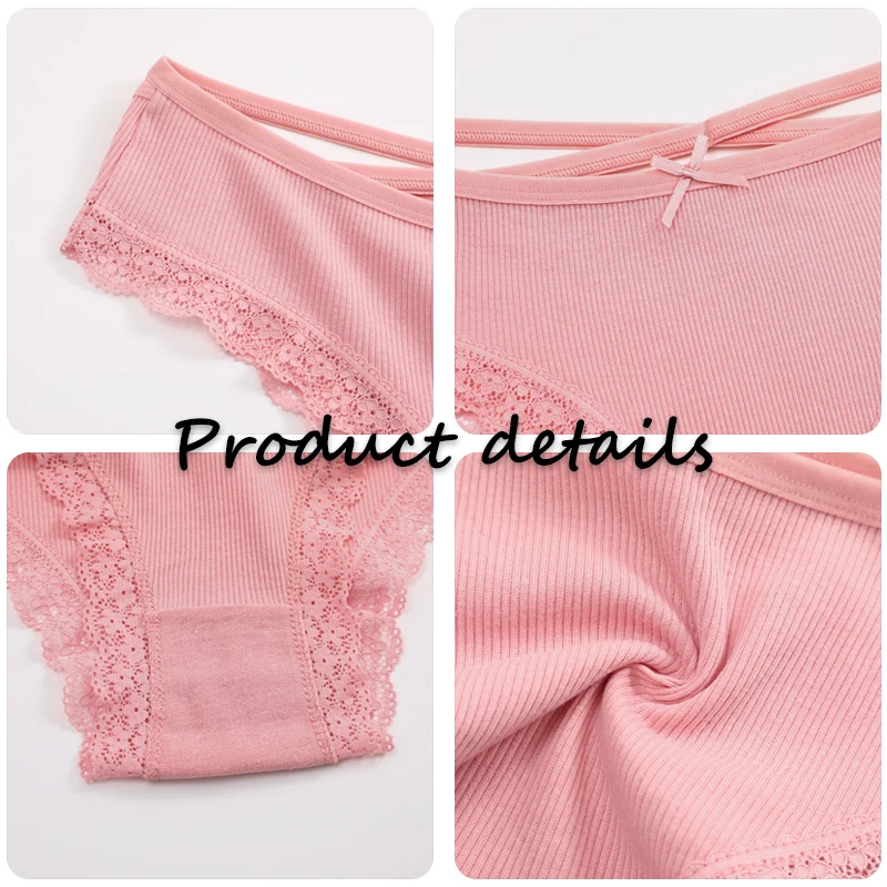 2PCS Cotton Panties for Women Sexy Lace Brazilian Briefs Female Low-Waist Cross Webbing Underpants Stretch Breathable Intimates