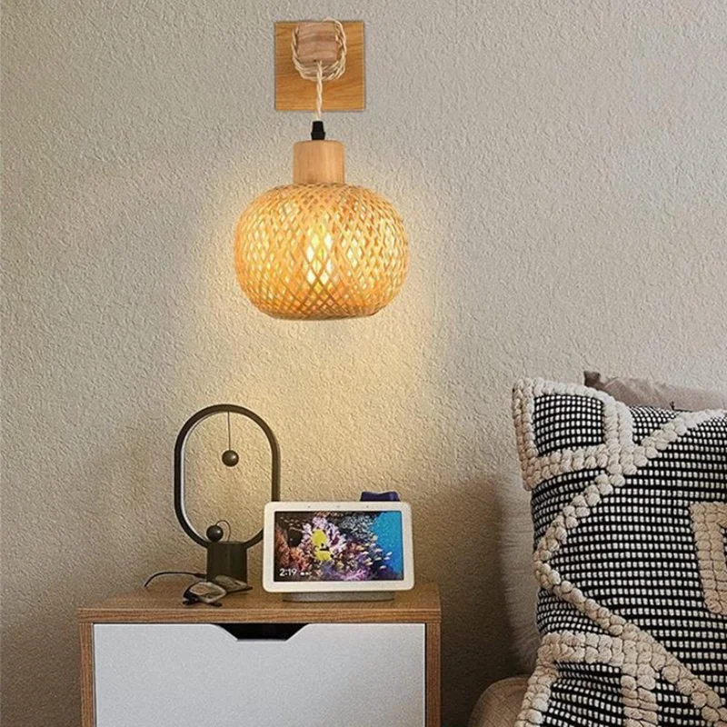 Retro Japanese Style Bamboo Bedside Wall Lamp Restaurant Rattan Lampmine Bedroom Background Wall Lamps